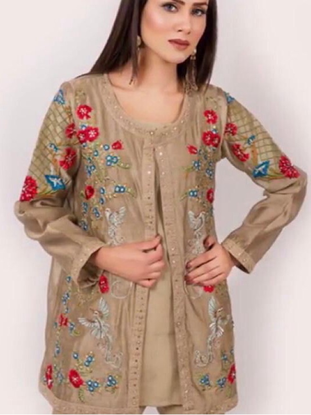 Embroidered Asymmetrical Women’s Dress in Beige with Floral Accents